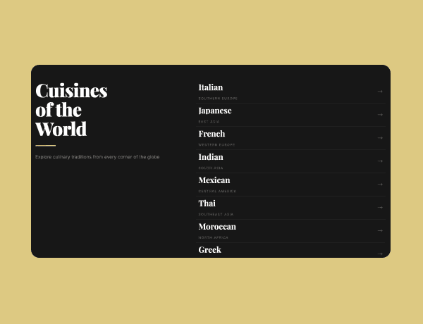 Interactive cuisines of the world list with sticky scrolling content and dynamic imagery.