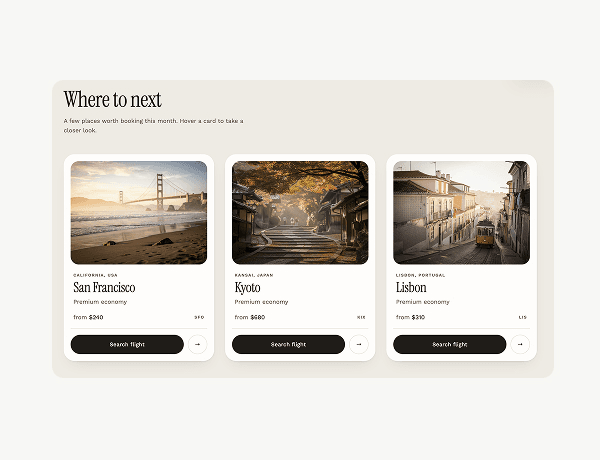 Three interactive content cards with imagery, bold titles, text descriptions, and view buttons.