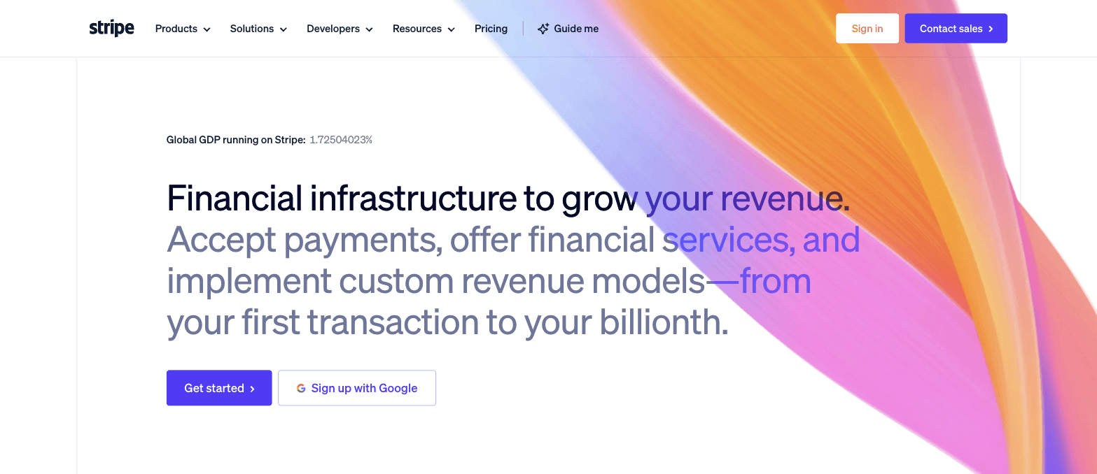 Stripe homepage hero with an animated gradient ribbon and a live-ticking 'Global GDP running on Stripe' statistic.