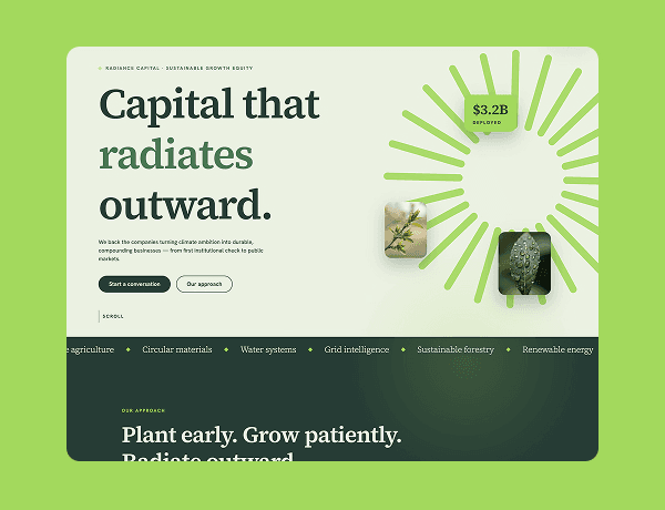 Preview of Radiance Capital template featuring dark mode financial layout and interactive cards