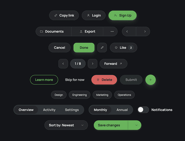 Dark interactive cloud button kit with smooth, built-in hover effects