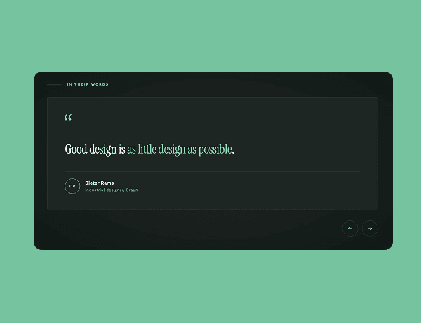 Dark interactive quote module displaying a prominent customer testimonial and author details