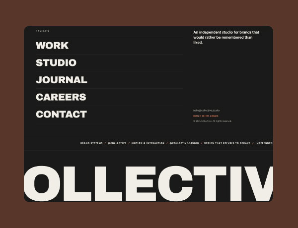 Dark kinetic footer component featuring dynamic text elements, quick links, and social icons