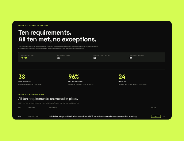 Interactive evaluation RFP template featuring a collapsible requirement matrix and team profiles.
