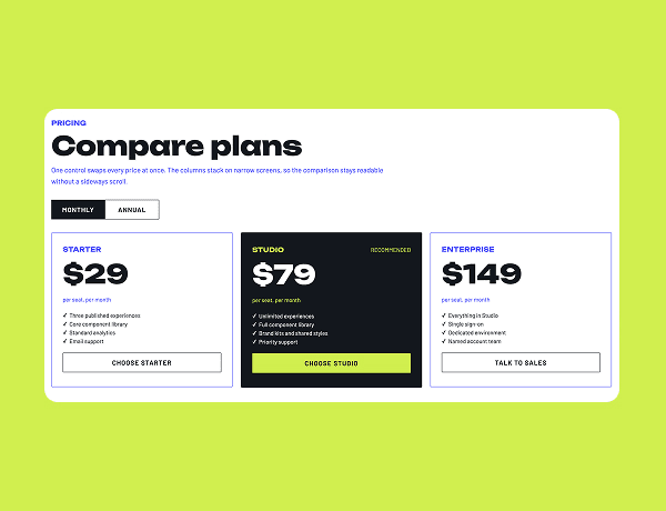 Interactive plan comparison table with monthly and annual pricing toggle switch