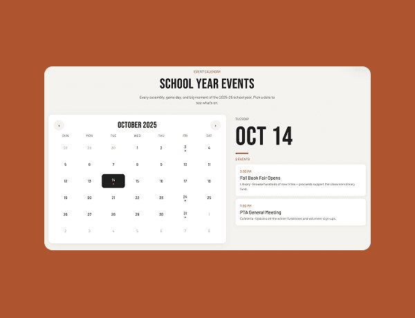 Interactive calendar selection component displaying monthly dates with event booking slots