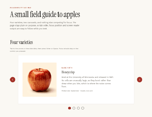 Field guide layout demonstrating accessible carousel components and focus states