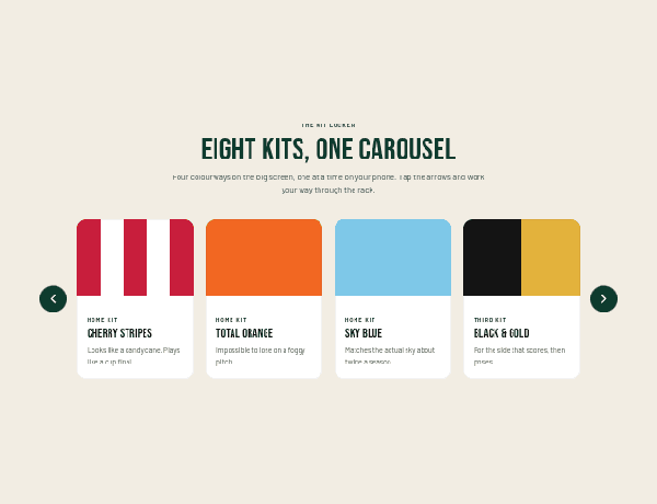 Responsive image carousel showcasing football kits with navigation arrows and text descriptions.