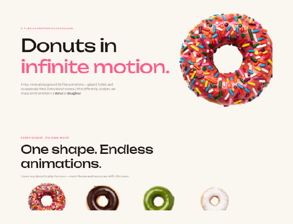 Interactive web page showcasing donut animations, easing curves, and a historical timeline