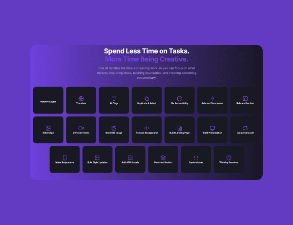 Grid of interactive AI use case tiles featuring bold typography and subtle hover effects.