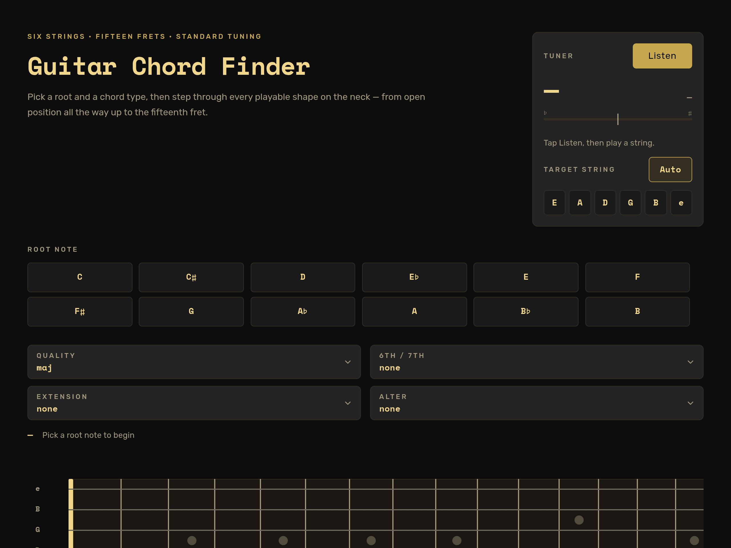 An interactive guitar chord finder interface displaying fretboard diagrams and chord variations.