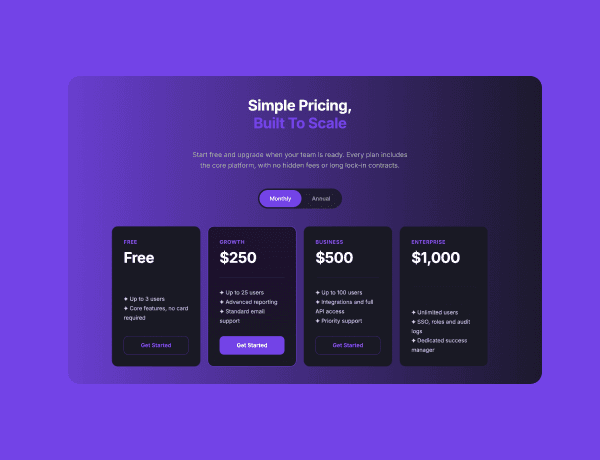 Interactive pricing tab component showing monthly and annual subscription plans.
