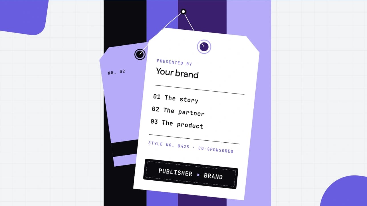A hanging tag reading "Presented by Your brand" with a publisher x brand co-sponsorship label, representing dual-branded content.