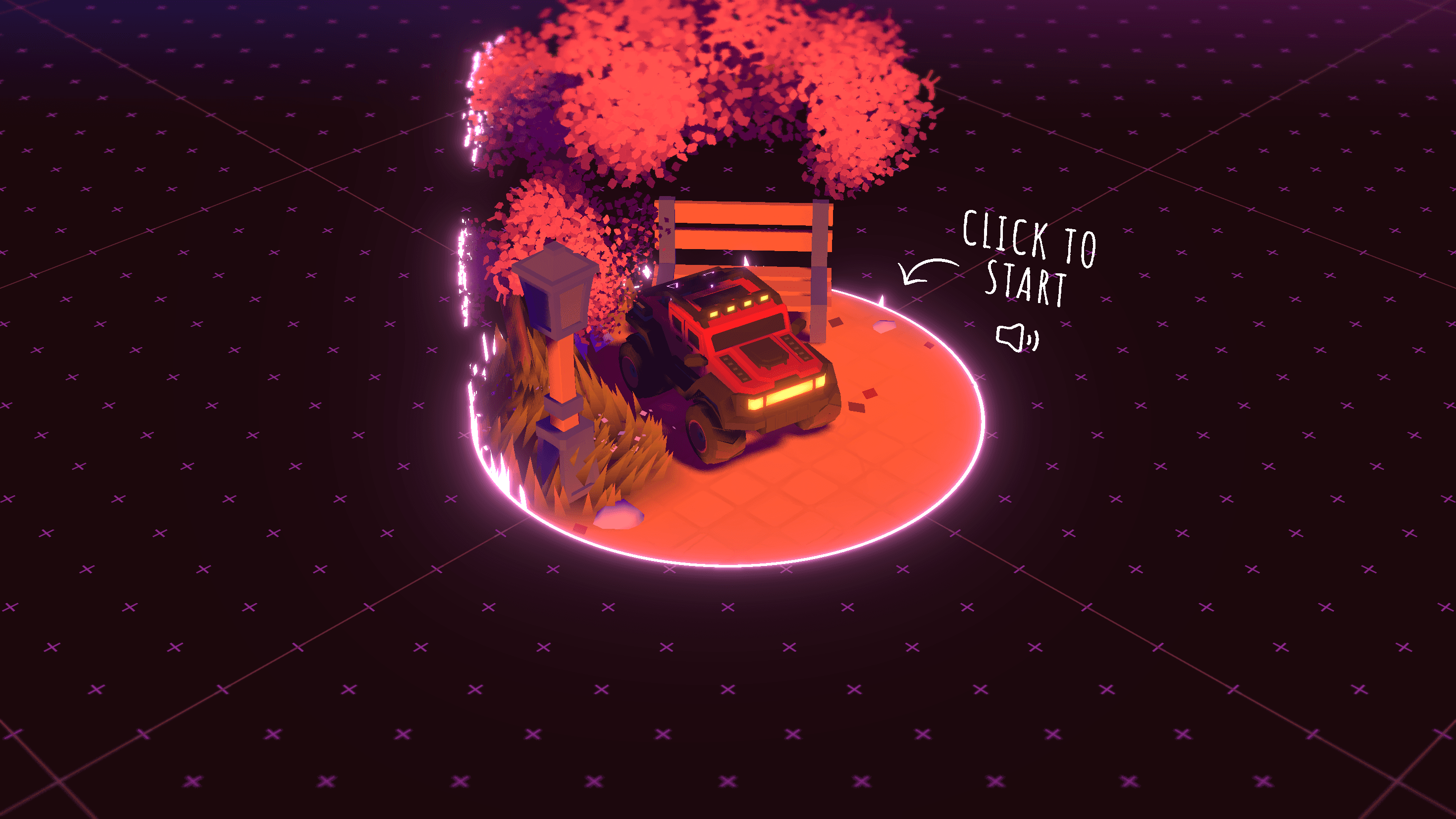Bruno Simon's 3D portfolio homepage: a pixel-art off-road vehicle parked beneath autumn trees with a 'Click to Start' prompt inviting visitors to drive through the portfolio.