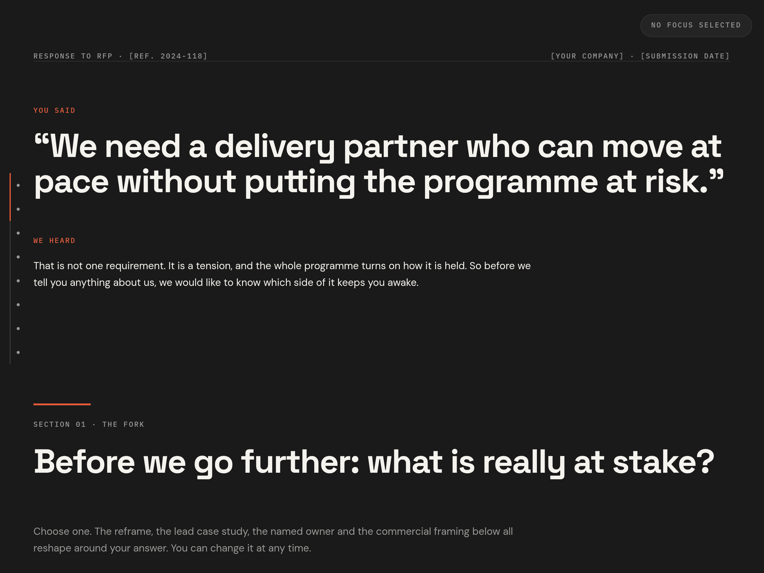 Preview of an interactive RFP response proposal template showcasing custom project phases and case studies.