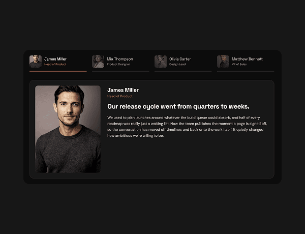 Interactive tabbed quote module featuring customer testimonials and logo tabs.