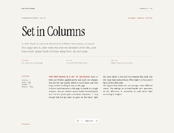Editorial preview of a text column layout guide showing typographic measurements and interactive visual figures.