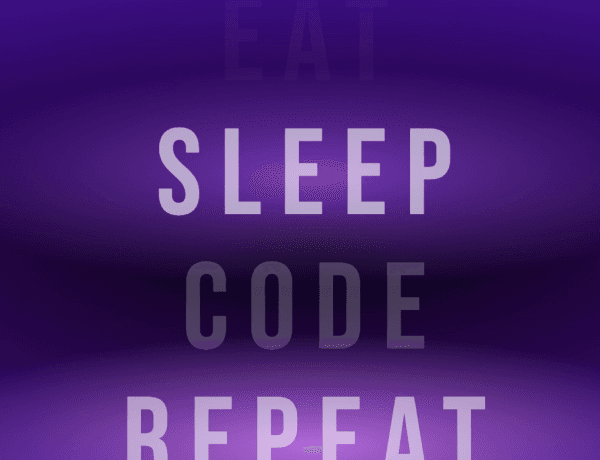Developer lifestyle dashboard component featuring eat sleep code repeat slogan and interactive panels