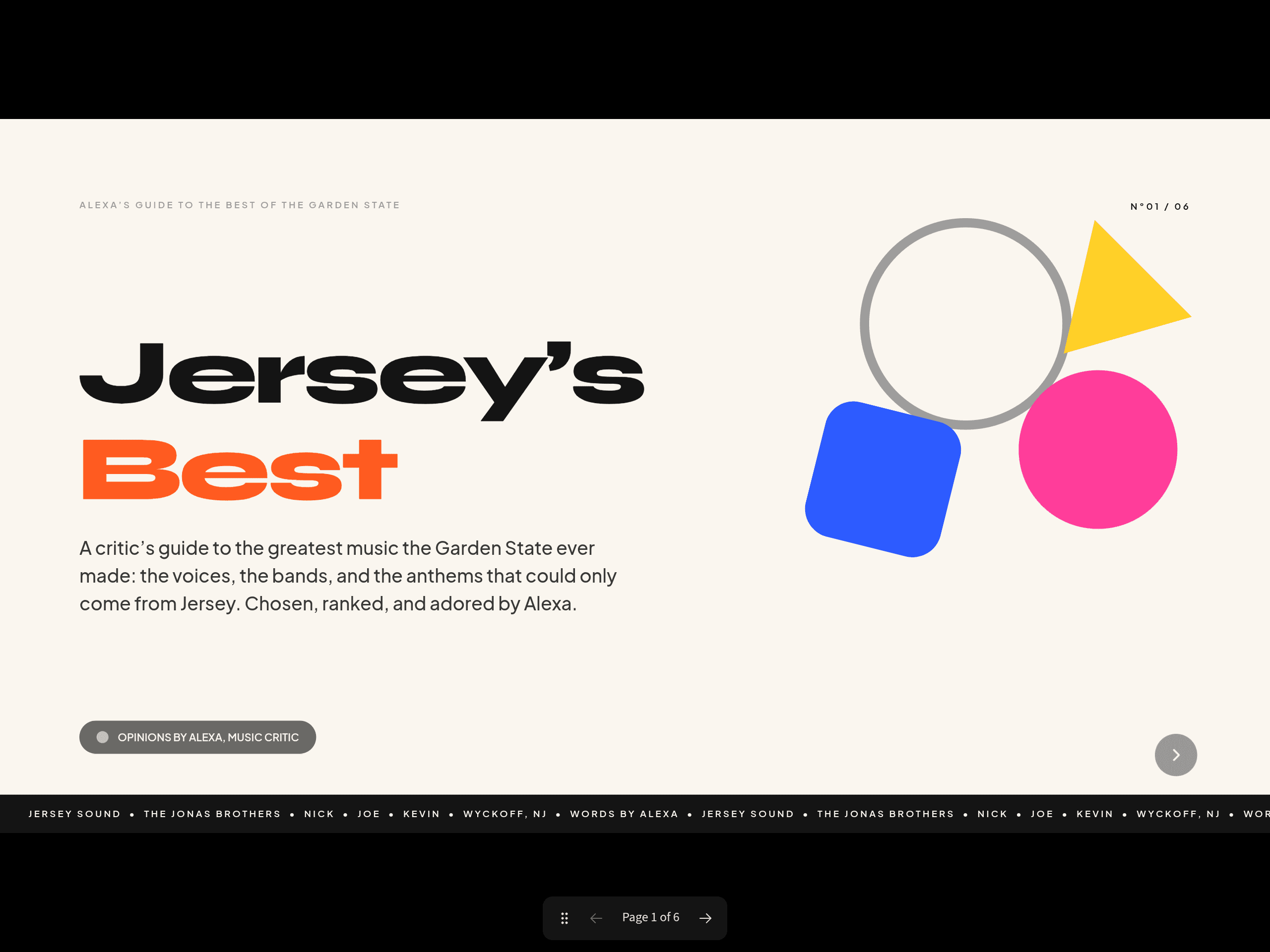 Interactive presentation layout featuring a critic guide to New Jersey music and artists