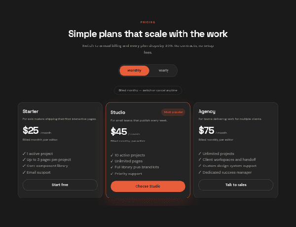 Preview of a tabbed pricing table showing monthly and yearly subscription plans.