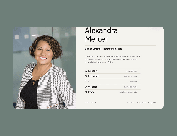 Interactive digital business card component with profile photo and social links