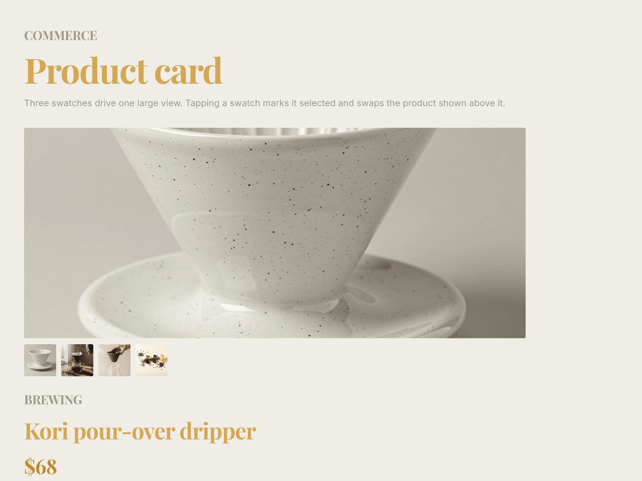 Interactive product card with three color swatches and add to bag button
