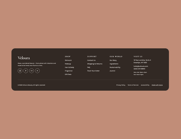 Preview of a dark-themed footer layout with navigation links and social media icons