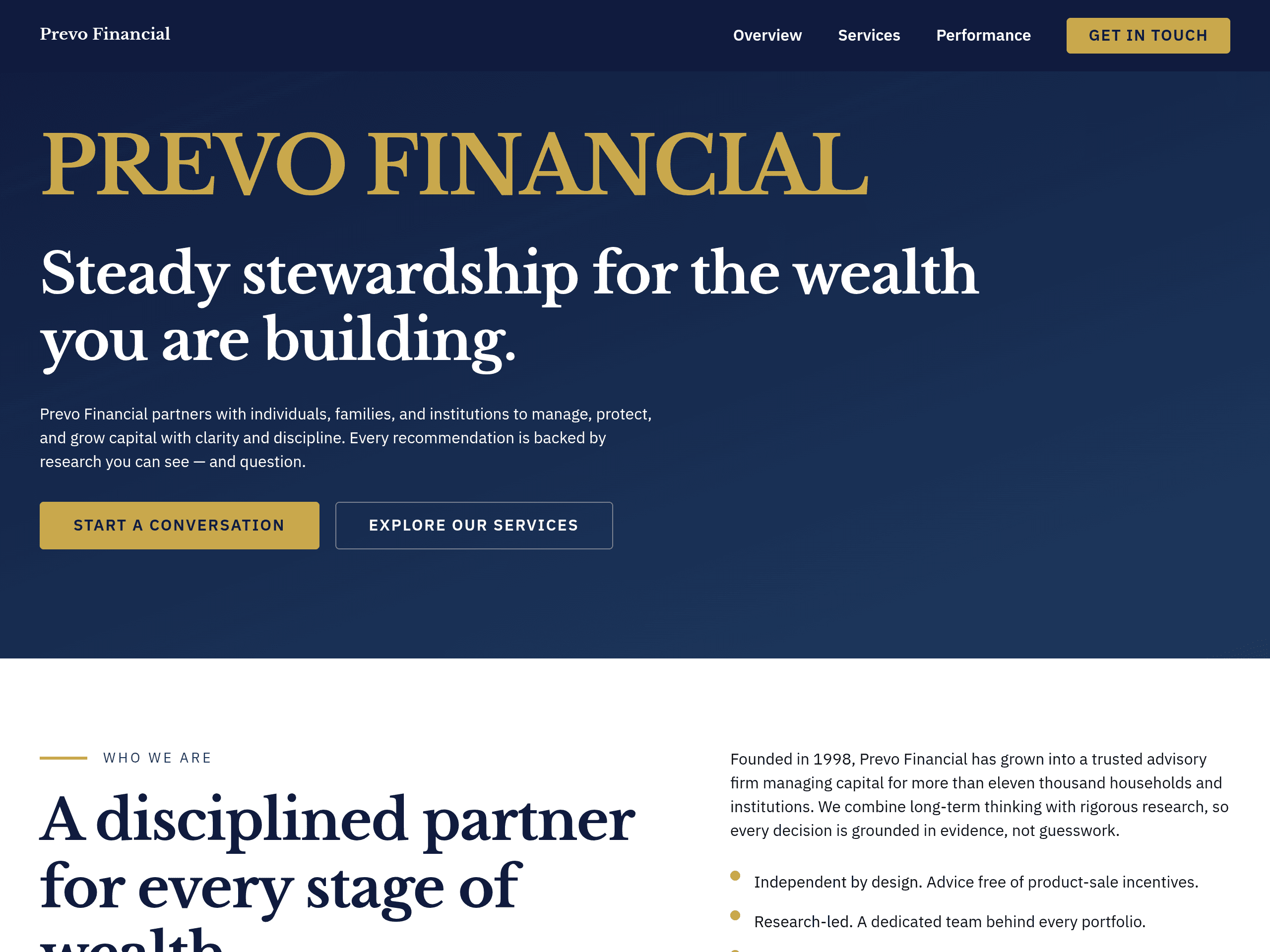 Preview of the Prevo Financial services landing page layout