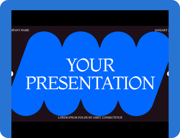Presentation template cover with blue abstract shape and white serif type on black