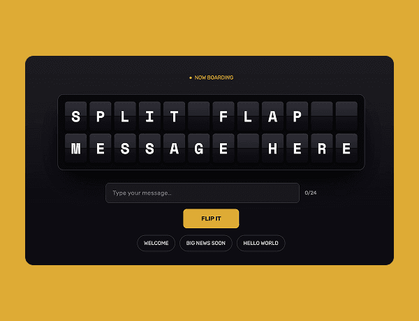 Split-flap display board showing animated flip letters and digits updating messages