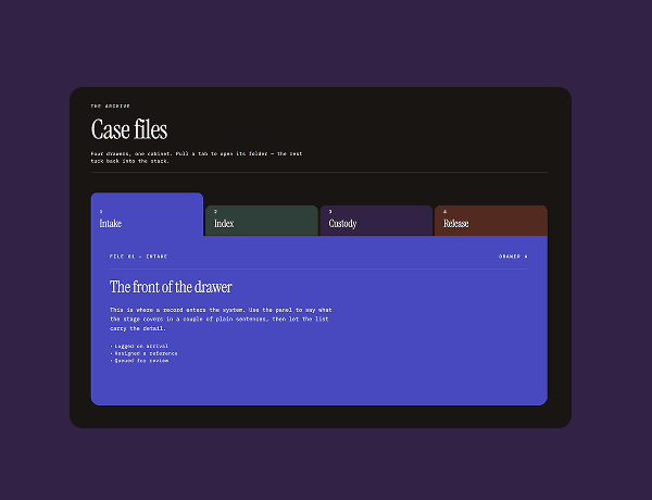 Interactive tab system interface displaying organized content panels and interactive category switching