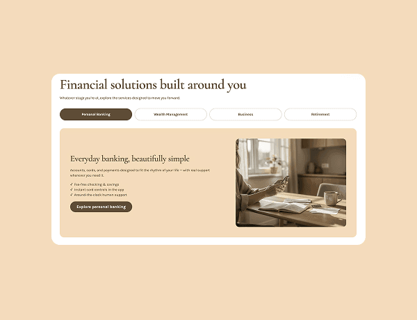 Interactive finance solutions tabbed interface showing business service categories.