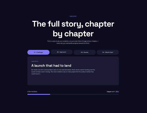 Visual progress bar component featuring step-by-step indicator nodes and descriptive text blocks.
