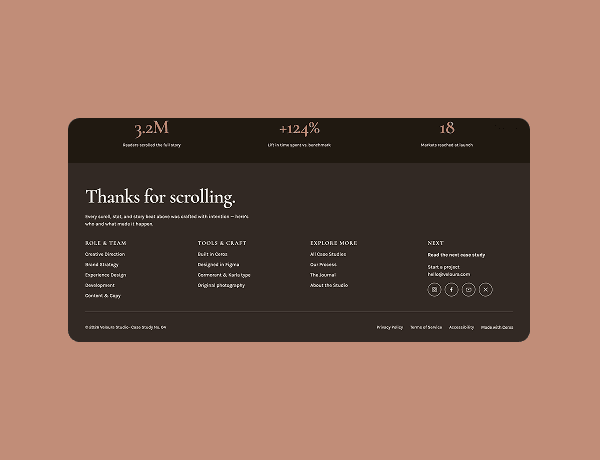 Preview of an animated footer layout with dynamic statistics, navigation links and subscription form