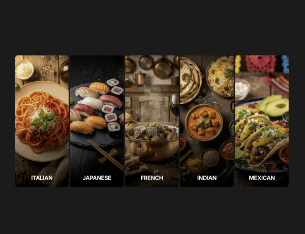 Grid-based cuisine gallery with panels that expand on hover.