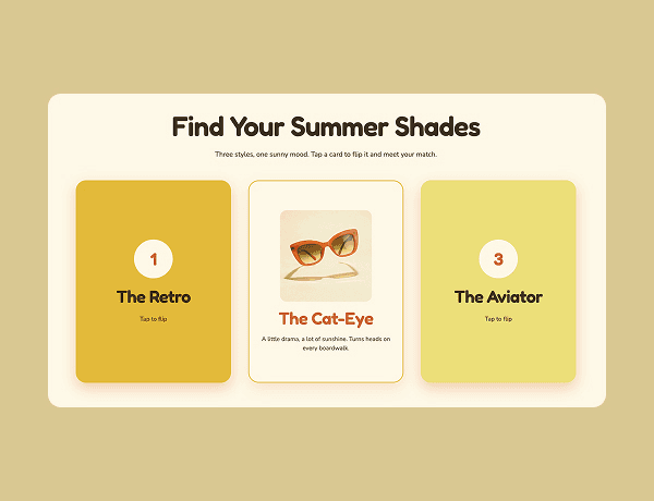 Grid of cards flipping on hover to reveal back-side content in a warm color palette.