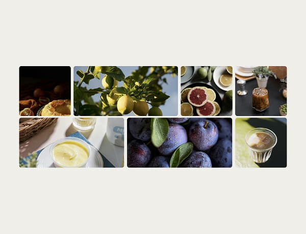 Bento UI gallery layout with photos arranged in an asymmetric two-row grid.