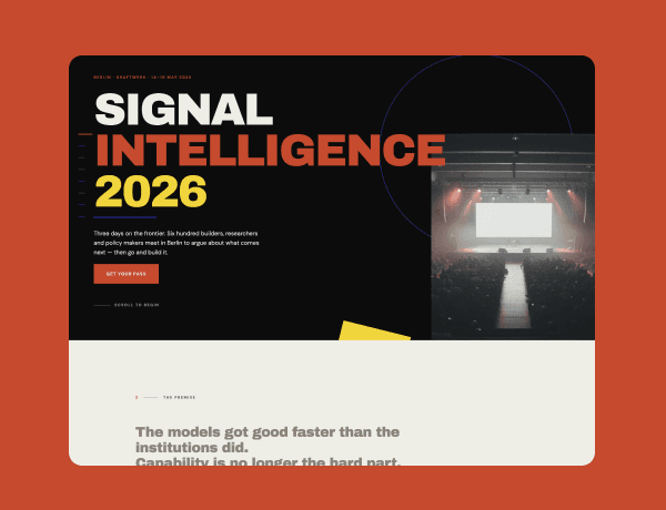 Preview of an interactive event template featuring a modern dark theme and agenda layout