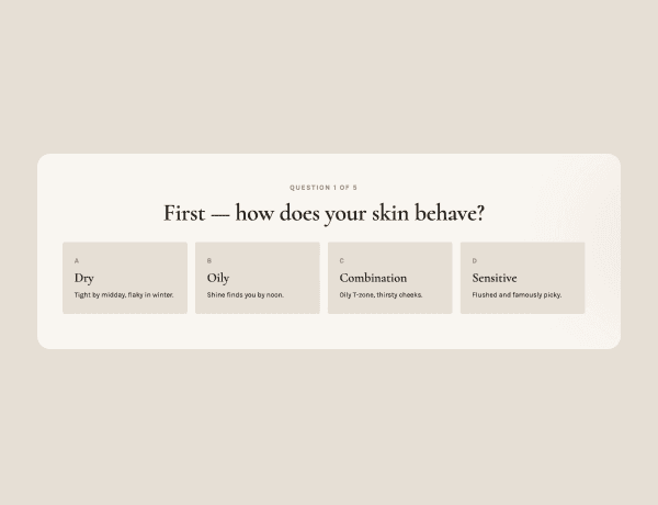 Interactive beauty routine quiz featuring multi-step product questions and recommendations.