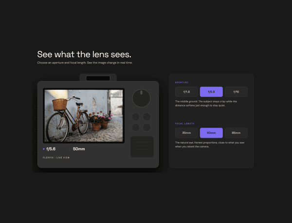 Interactive camera simulator UI with viewfinders and photography control sliders