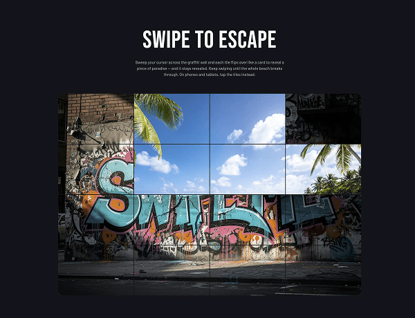 Interactive swipe image reveal component showing before and after image comparison