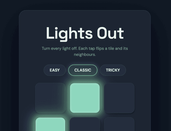 Interactive Lights Out grid game with difficulty settings and reset button