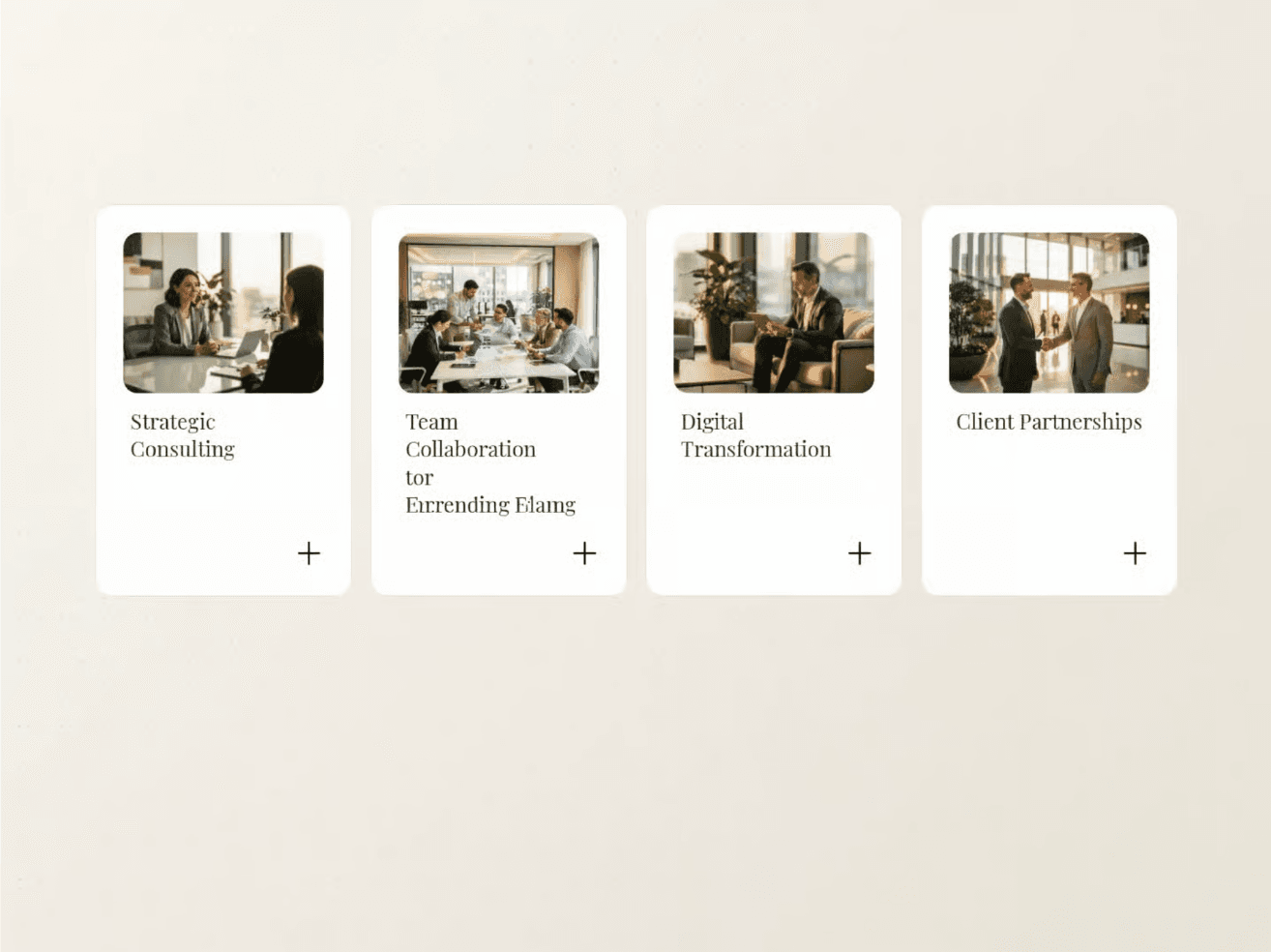 Four white cards in a row, each with a business photo, category label, and plus icon to expand.