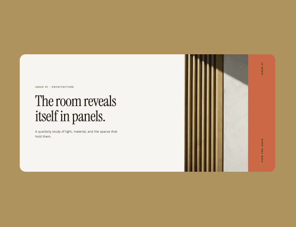 A modern hero section with vertical split panels revealing rich interactive content.