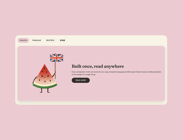 Interactive language switcher component displaying English, French, German, and Japanese content options