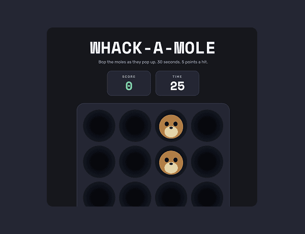 Whack-a-mole game interface with start button and score counter