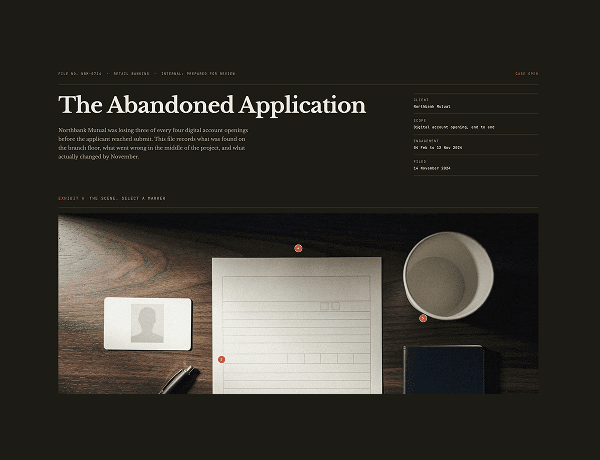 Interactive banking case study showing an abandoned application investigation file layout.