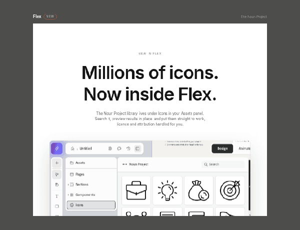 Preview of The Noun Project icon integration feature template inside Ceros Flex