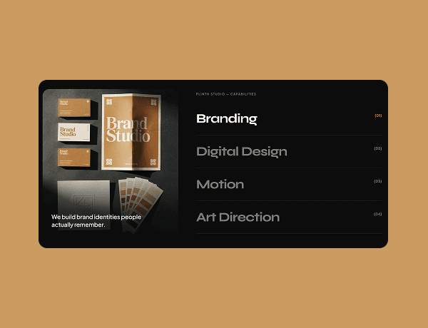 Two-column layout with a list of items on the left and a large image panel on the right revealed on hover.