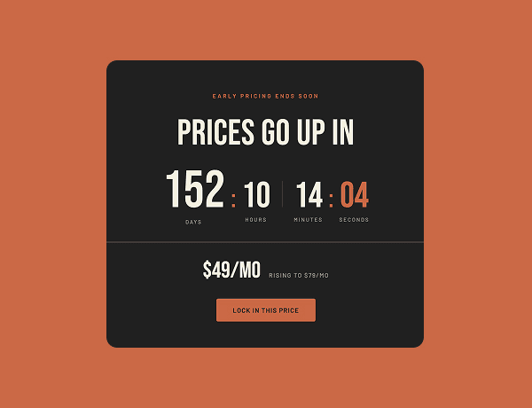Interactive e-commerce card with a real-time countdown timer and dynamic price updates.